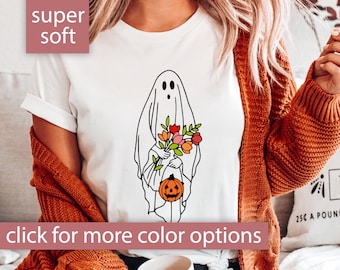 Halloween Ghost Shirt, Halloween Ghost Icon Shirt, Halloween Ghost T-shirt for women, Cute Ghost Tshirt, Floral Ghost Shirt, Ghost Tee Shirt