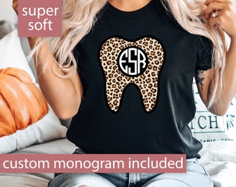 Monogram Dental Shirt for Women, Custom Dental Shirt for Dentist, Monogram Shirt Women, Leopard Pumpkin T Shirt, Dental Assistant Gift Tee