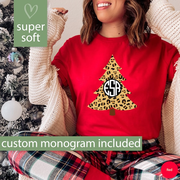 Monogram Christmas T Shirt Women, Leopard Print Christmas Shirt, Monogram Shirt Women, Leopard Christmas Tree Shirt, Christmas Monogram Tee