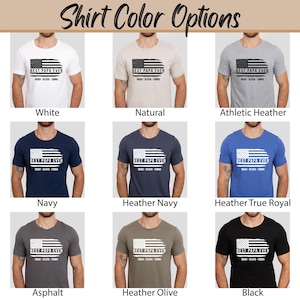 May include: A selection of t-shirts in various colors, featuring a white graphic of an American flag with the text "Best Papa Ever" and personalized names. The colors include white, natural, athletic heather, navy, heather navy, heather true royal, asphalt, heather olive, and black.