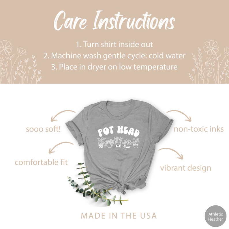 May include: A gray t-shirt with the text "POT HEAD" in white lettering. The shirt has a graphic of potted plants. The text "sooo soft!" and "comfortable fit" are written on the left side of the image. The text "non-toxic inks" and "vibrant design" are written on the right side of the image. The text "MADE IN THE USA" is written at the bottom of the image.