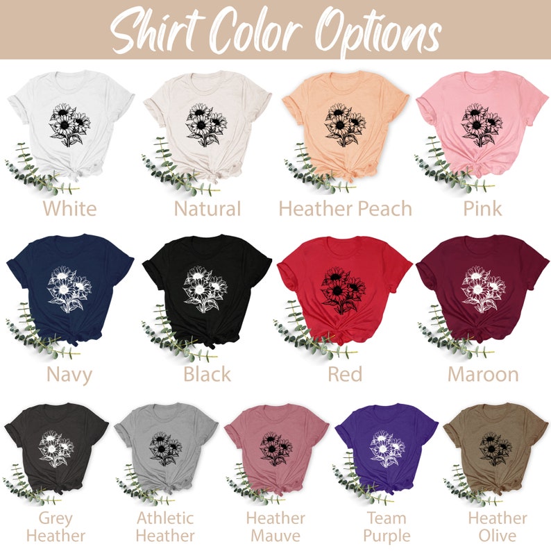 May include: A selection of t-shirts in various colors, including white, navy, and black. Each shirt features a black and white floral design. The text "Shirt Color Options" is at the top of the image.