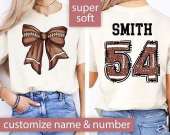Custom Football Bow Shirt Front and Back Print Football Mom Shirt with Player Name and Number Football Mom Gift Football Game Day T Shirt