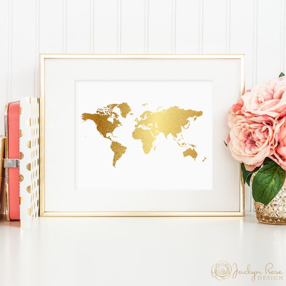 World Map Faux Gold Art Printable Wall Decor Home or Office Etsy