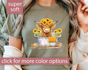 Highland Cow Shirt Gift for Her, Sunflower Cow Tshirt for Women, Cow Sunflower T Shirt Cow Gift for Cowgirl, Baby Highland Cow Western Tee