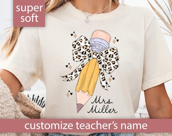 Custom Teacher Shirt Leopard Tshirt with Name for Teacher Gift for Teacher Back To School Shirt Teacher Pencil Bow Tshirt Cute Teacher Tee