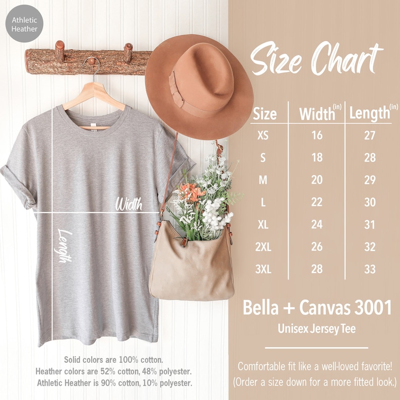 K&ouml;nnte beinhalten: Eine Gr&ouml;&szlig;entabelle f&uuml;r ein Unisex-Jersey-T-Shirt, die die Breite und L&auml;nge in Zoll f&uuml;r die Gr&ouml;&szlig;en XS bis 3XL zeigt. Die Tabelle ist mit "Bella + Canvas 3001 Unisex Jersey Tee" beschriftet.