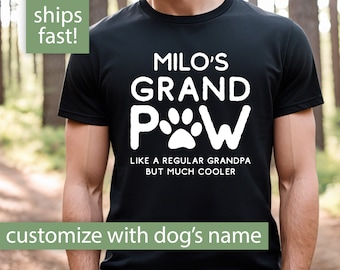 Op de afbeelding: Zwart T-shirt met witte tekst die "MILO'S GRAND PW" luidt, met een pootprint in het midden van de "PW". De tekst onder de pootprint luidt "LIKE A REGULAR GRANDPA BUT MUCH COOLER".