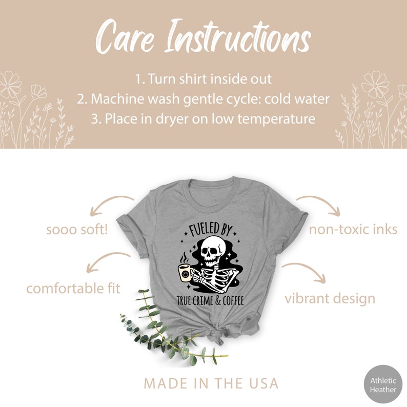 May include: Gray t-shirt with a black and white graphic of a skeleton holding a coffee mug. The graphic says "Fueled by True Crime & Coffee".