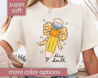 Fall Teacher Shirt for Teacher Gift for Teacher Fall Teacher Pencil Tshirt Custom Fall Teacher Pencil Bow T Shirt Cute Pumpkin Teacher Tee