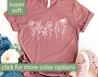 Camiseta de flores silvestres, camiseta de flores silvestres para mujer, camiseta floral, camisa de flores, camisas de mujer, regalo para mejor amiga, linda camiseta de flores como regalo para ella