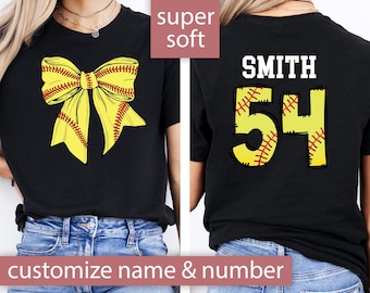 Custom Softball Shirt Front and Back Print Softball Mom Shirt Player Name and Number Softball Mom Gift Softball Bow Game Day T Shirt Tee