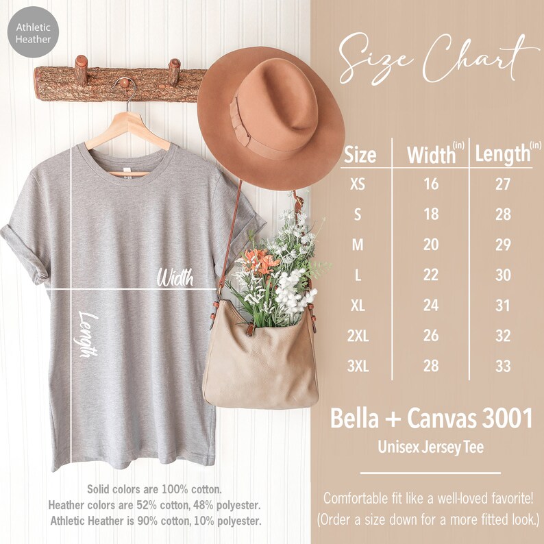 May include: A size chart for a Bella + Canvas 3001 Unisex Jersey Tee. The chart shows the width and length in inches for sizes XS to 3XL. The chart is printed on a white background with black text.