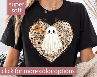 Halloween Ghost Shirt for Women Boho Ghost Shirt With Flowers Halloween Shirt Ghost Tshirt Cute Ghost T Shirt Floral Ghost Heart T-Shirt Tee