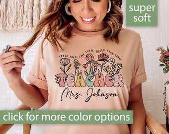 Personalized Teacher Wildflower Shirt for Teacher, Custom Name Retro Flower Teacher TShirt, Groovy Teacher Tee, Back to School Teacher Gift