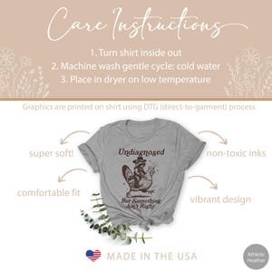 May include: Athletic heather gray t-shirt with the text "Undiagnosed But Something Ain't Right" and a graphic of a raccoon riding a chicken. The shirt also has care instructions and is labeled "Made in the USA".