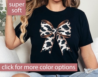 Western Cowprint Bow Shirt Gift for Cowgirl, Girly Coquette Bow Western Tshirt Gift for Her, Cow Bow T Shirt for Women, Cute Western T-Shirt