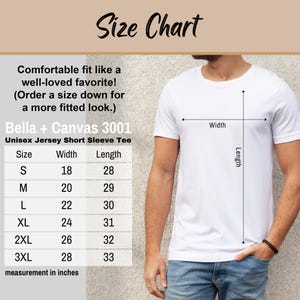K&ouml;nnte beinhalten: Gr&ouml;&szlig;entabelle f&uuml;r ein Unisex-Jersey-T-Shirt mit kurzen &Auml;rmeln von Bella + Canvas 3001. Die Tabelle zeigt die Breite und L&auml;nge in Zoll f&uuml;r die Gr&ouml;&szlig;en S bis 3XL.