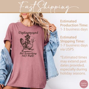 May include: Heather mauve t-shirt with the text "Undiagnosed But Something Ain't Right". The graphic features a raccoon wearing a hat riding a chicken. The shirt is a relaxed fit.