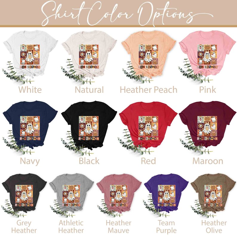 K&ouml;nnte beinhalten: Eine Collage von T-Shirt-Farboptionen mit einem Motiv eines Geistes mit dem Text "I'm Spooky" in einem Patchwork-Design. Die Farben umfassen Wei&szlig;, Natur, Heidelbeer-Pfirsich, Rosa, Marineblau, Schwarz, Rot, Rotbraun, Grau-Melange, Athletik-Melange, Flieder-Melange, Team-Lila und Oliv-Melange.