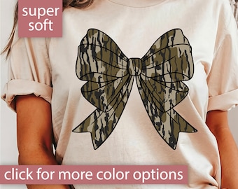 Camo Shirt for Women, Camo Coquette Bow T Shirt Gift for Her, Cute Camo Tshirt, Duck Hunting Old School Camouflage Bow T-Shirt, Fall Tee