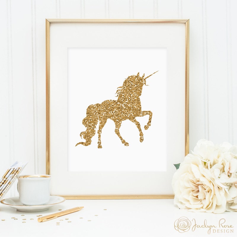 Unicorn print printable wall art decor gold glitter unicorn Etsy