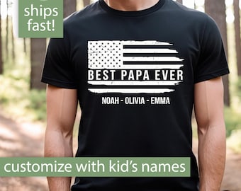 Regalo para papá, camiseta personalizada para papá, la mejor camiseta para papá, camiseta personalizada para papá con nombres de niños, camiseta con bandera para el Día del Padre.