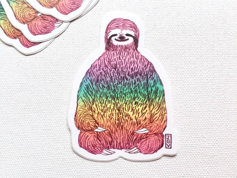 Rainbow Sloth Waterproof Sticker, Sloth Sticker, Rainbow Sticker, Yoga Sticker, Sloth Meditation, Laptop Sticker, Phone Sticker image 3