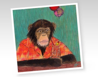 Tiki Monkey Art Print, Chimpanzee Ape Art, Chimp Print, Animal Art, Tiki Bar, Tropical, Cocktail