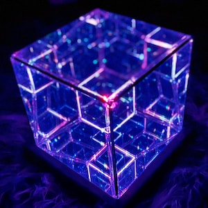 May include: A cube-shaped mirrored box with a geometric pattern. The box is illuminated with blue and purple lights, creating a mesmerizing effect.