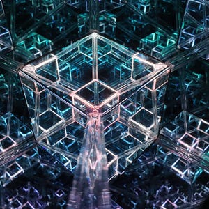 May include: Abstract image of a geometric structure with repeating cube shapes. The cubes are made of clear glass or crystal, reflecting light in shades of blue, teal, and purple. The overall effect is a complex, multi-dimensional design.