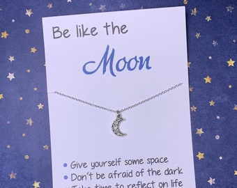 Celestial Jewelry: Inspirational "Be Like the Moon" Card with Silver Moon Charm on Necklace, Earrings, Keychain, or Bracelet - Free Shipping