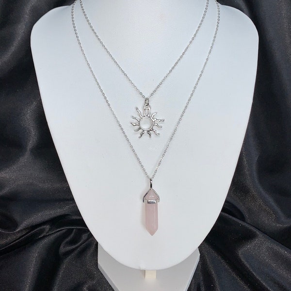Tiered Double Layer Genuine Gemstone Crystal Necklace with Sun Pendant - Amethyst, Aquamarine, Carnelian, Rose Quartz, More - Free Shipping