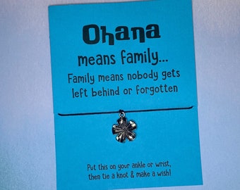 Nature Jewelry - "Ohana Means Family" Inspirational Card and Wish Bracelet with Hibiscus Flower Charm on Black Cotton Cord - Free Shipping