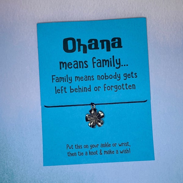 Nature Jewelry - "Ohana Means Family" Inspirational Card and Wish Bracelet with Hibiscus Flower Charm on Black Cotton Cord - Free Shipping