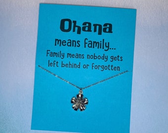 Nature Jewelry - "Ohana Means Family" Inspirational Card and Necklace with Hibiscus Flower Charm on Stainless Steel Chain - Free Shipping