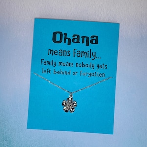 Nature Jewelry - &quot;Ohana Means Family&quot; Inspirational Card and Necklace with Hibiscus Flower Charm on Stainless Steel Chain - Free Shipping