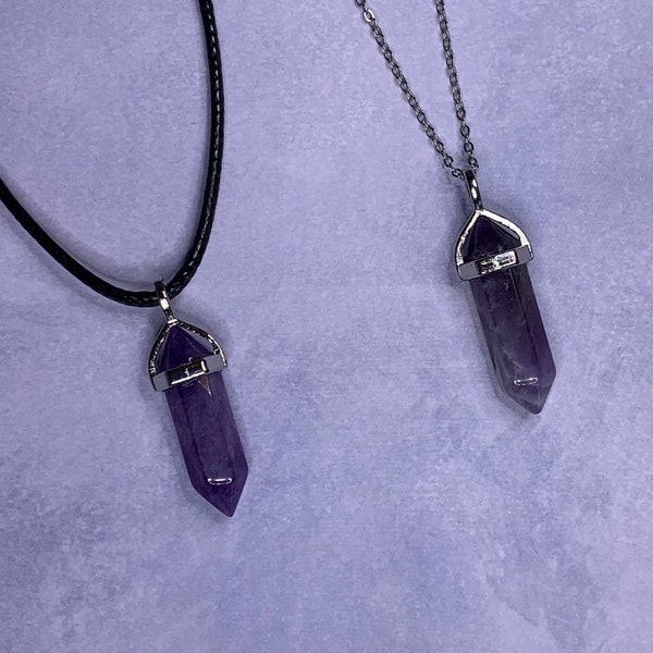 Genuine Gemstone Crystal Bullet Shape Pendant Necklace: Natural Amethyst on Cord, Stainless Steel or Sterling Silver Chain - Free Shipping