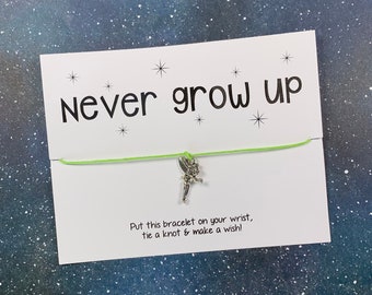 Mystical Jewelry: iInspirational “Never Grown Up” Card w/ Fairy Charm Wish Bracelet on Lime Cotton Cording - Peter Pan Theme, Free Shipping