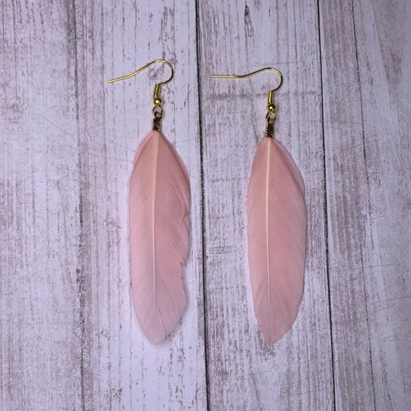 Animal Jewelry: Elegant and Delicate Blush Pink or Peach Colored Feather Pendant Earrings with Gold Accents ~3" Long Drop - Free Shipping