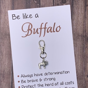 Animal Jewelry: Inspirational "Be Like a Buffalo" Card with 3D Antique Silver Buffalo/Bison Charm on Lobster Hook Keychain - Free Shipping