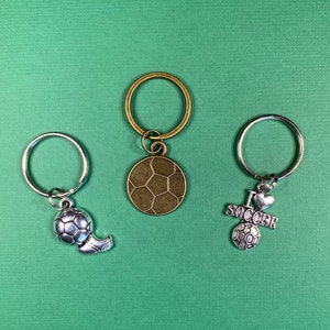 Sports Jewelry: Soccer Key Chain w/ Antique Silver or Bronze Charm, Players Teams Coaches - Personalize w/ Jersey Number or Player Initial