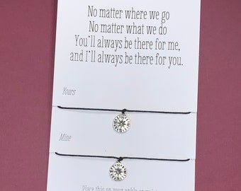 Friend Jewelry: "No Matter Where We Go" Inspirational Friendship Card and 2 Wish Bracelets/Anklets w/ Small Compass Charm   - Free Shipping