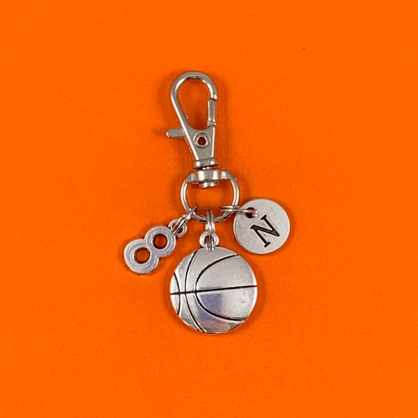 Sports Jewelry: Keychain w/ Large Antique Silver Basketball Charm, Player Initial, Jersey Number, Ring or Lobster Claw Hook - Free Shipping