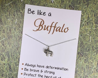 Animal Jewelry: Inspirational "Be Like a Buffalo" Card w/ 3D Antique Silver Buffalo/Bison Charm on Stainless Steel Necklace - Free Shipping