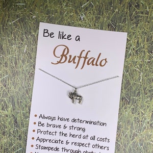 Animal Jewelry: Inspirational "Be Like a Buffalo" Card with 3D Antique Silver Buffalo/Bison Charm on Stainless Steel Necklace