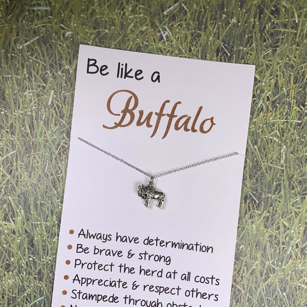 Animal Jewelry: Inspirational "Be Like a Buffalo" Card w/ 3D Antique Silver Buffalo/Bison Charm on Stainless Steel Necklace - Free Shipping