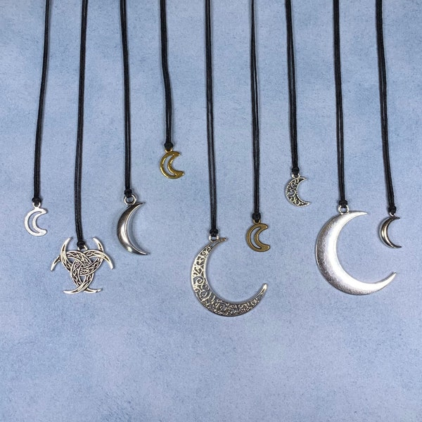 Nature Jewelry: Crescent Moon Necklace / Choker on 1mm Black Cotton Wax Cord w/ 2 Adjustable Sliding Knots, 9 Charm Options - Free Shipping