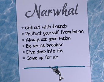 Ocean Life Jewelry: Inspirational "Be Like a Narwhal" Card with Antique Silver Charm on Cotton Wax Cord Wish Bracelet - Free Shipping