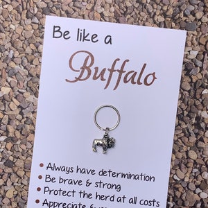 Animal Jewelry: Inspirational "Be Like a Buffalo" Card with 3D Antique Silver Buffalo/Bison Charm on Round Ring Keychain - Free Shipping